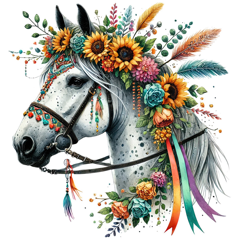 boho horse, gray horse, sunflowers, floral crown, feathers, colorful ribbons, bridle, harness, watercolor style, botanical elements, orange flowers, teal roses, fabric panel, quilting cotton, bohemian style, equestrian art, nature motifs, artistic illustration, craft fabric, decorative panel