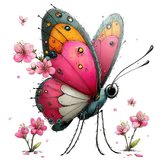 butterfly, pink flowers, magenta, teal, orange, yellow, whimsical, nature, insects, floral, spring, summer, garden, botanical, artistic, watercolor style, children's, playful, modern, colorful, cherry blossoms, wildflowers, fantasy, illustration, decorative panel, apparel, home decor, vibrant colors, detailed design, mixed media look