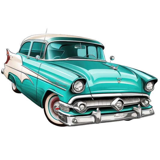 turquoise, teal, cream, white, chrome silver, red, vintage car, retro automobile, 1950s, classic car, mid-century, nostalgia, americana, rockabilly, hot rod, transportation, whimsical, decorative panel, wall art, home decor, two-tone, chrome details, tail fin, convertible, collectible, novelty, kitsch