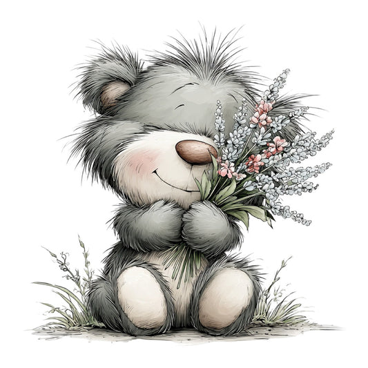 cute animal, teddy bear, fluffy bear, soft gray, charcoal gray, cream white, blush pink, whimsical, children's fabric, baby quilt, nursery, gentle, sweet, flowers, wildflowers, nature, spring, baby shower, gender neutral, soft colors, illustration style, storybook, adorable, kid-friendly, innocent, tender, pastel tones, botanical, floral arrangement, innocent charm