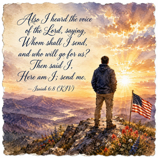 inspirational, religious, scripture, Isaiah, patriotic, american flag, landscape, mountain, sunset, golden hour, solitude, contemplative, spiritual, christian, faith-based, military, veteran, hero, nature scene, scenic vista, warm colors, gold, orange, navy blue, burgundy, wildflowers, meadow, peaks, rustic, meaningful