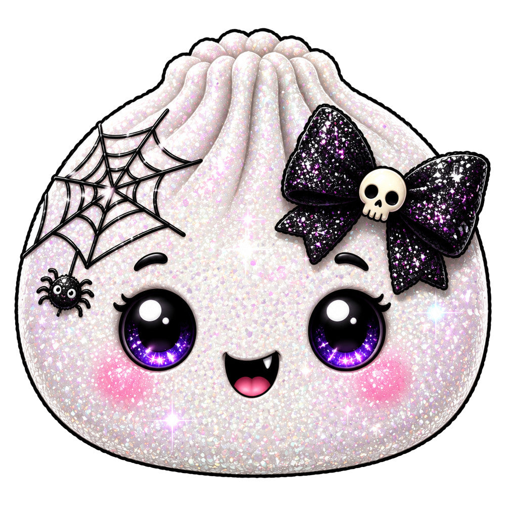 iridescent white, lavender purple, hot pink, sparkle, glitter, metallic, cute face, big eyes, character, halloween, spooky, gothic, skull, spider web, black bow, skeleton, whimsical, kawaii, girly, goth glam, dark aesthetic, festive, party, novelty, children's, young adult, wall hanging, craft project