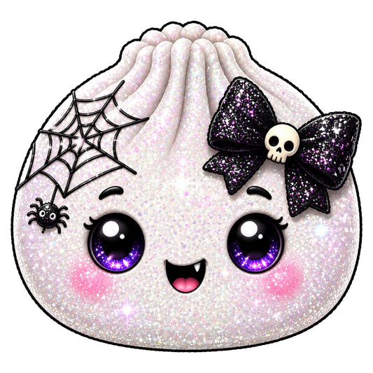 iridescent white, lavender purple, hot pink, sparkle, glitter, metallic, cute face, big eyes, character, halloween, spooky, gothic, skull, spider web, black bow, skeleton, whimsical, kawaii, girly, goth glam, dark aesthetic, festive, party, novelty, children's, young adult, wall hanging, craft project