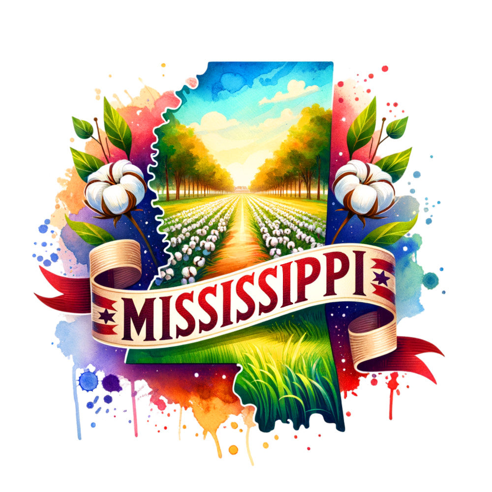 US States Retro Travel Fabric Panel 29 featuring Mississippi with cotton fields and vibrant watercolor design on premium quilting cotton.