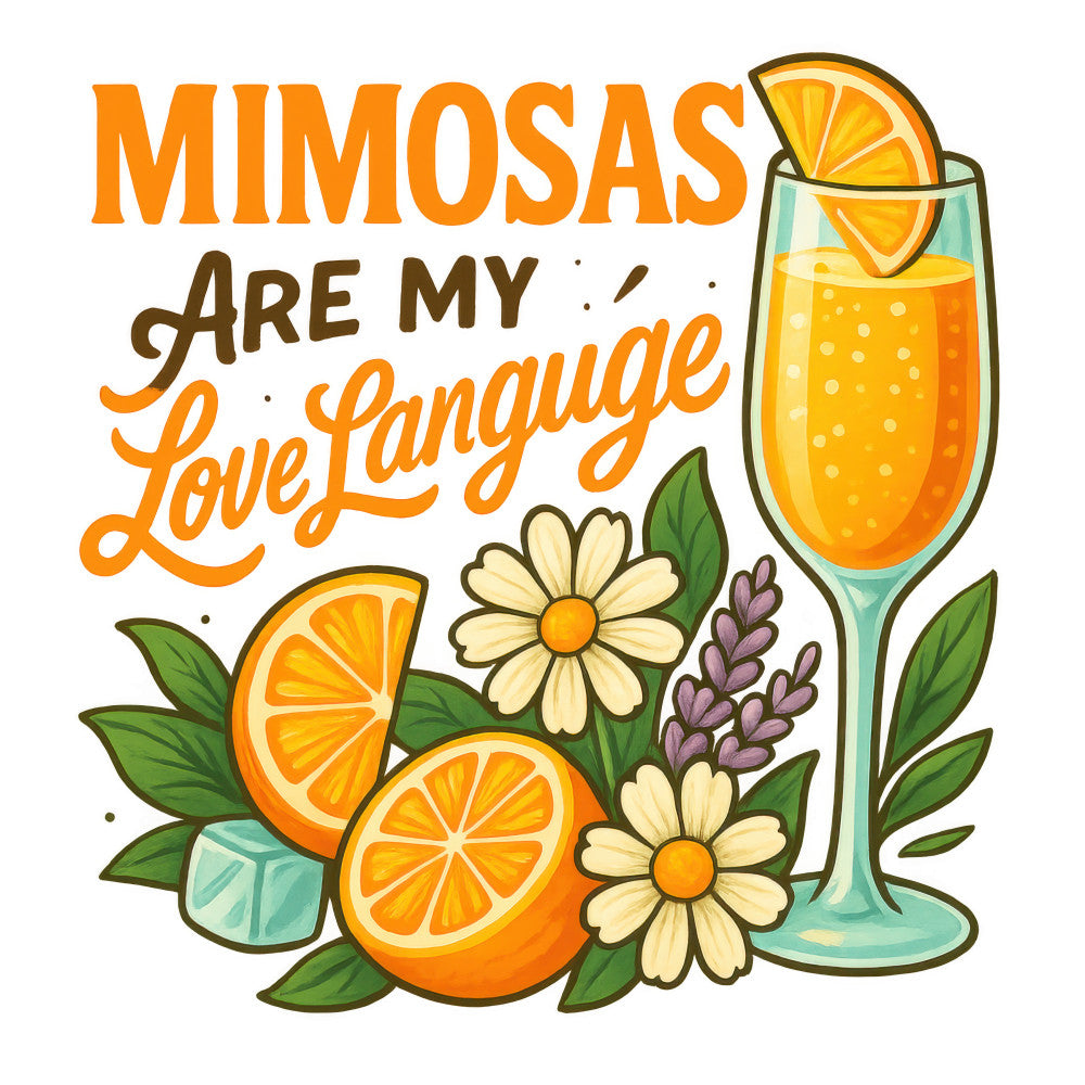 orange, yellow, green, brown, mimosa cocktail, champagne flute, orange slices, flowers, daisies, lavender, leaves, ice cubes, citrus fruits, botanical elements, beverage theme, fabric panel, quilting cotton, brunch drinks, cheerful design, summer motifs