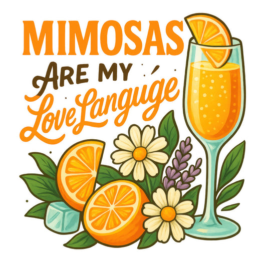 orange, yellow, green, brown, mimosa cocktail, champagne flute, orange slices, flowers, daisies, lavender, leaves, ice cubes, citrus fruits, botanical elements, beverage theme, fabric panel, quilting cotton, brunch drinks, cheerful design, summer motifs