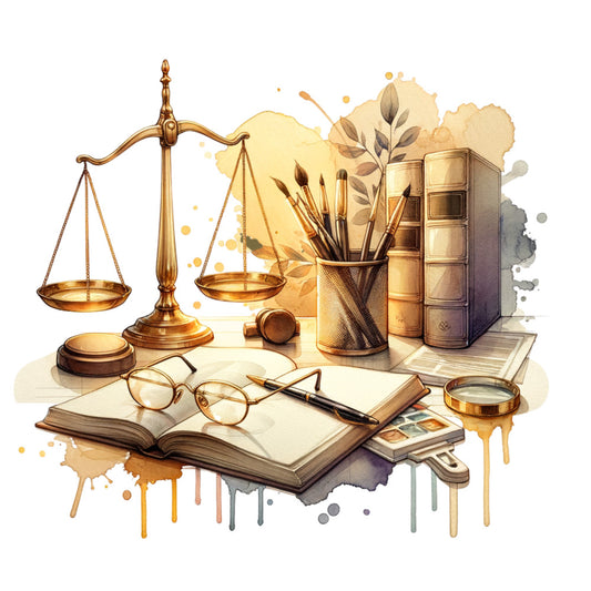 gold, bronze, cream, tan, beige, watercolor, abstract, literary, vintage, scales of justice, books, brushes, magnifying glass, elegant, sophisticated, professional, artistic, academic, law, justice, nature elements, leaf motifs, decorative, neutral palette, warm tones, intellectual, library, legal profession, stationery, paint brushes