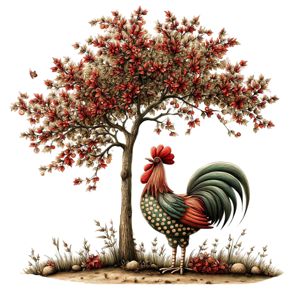rooster, autumn, fall, rust red, cream, tan, brown, olive green, dark green, nature, farmhouse, rustic, vintage, whimsical, traditional, country, tree, birds, floral, botanical, harvest, seasonal, cozy, folk art, illustrative, storybook, pastoral, garden, woodland, earthy tones