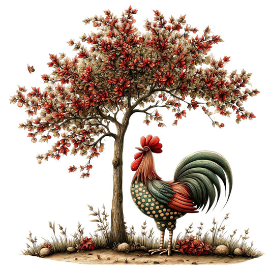 rooster, autumn, fall, rust red, cream, tan, brown, olive green, dark green, nature, farmhouse, rustic, vintage, whimsical, traditional, country, tree, birds, floral, botanical, harvest, seasonal, cozy, folk art, illustrative, storybook, pastoral, garden, woodland, earthy tones