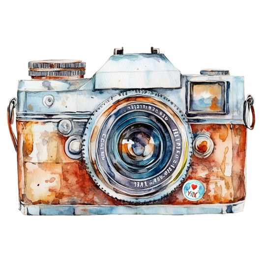 vintage camera, watercolor, rust orange, soft blue, cream, distressed, retro, photography themed, travel, nostalgic, artistic, bohemian, whimsical, mixed media, camera motif, antique, heritage, steampunk, collectors, hobby themed, creative, artist, wanderlust, adventure, scrapbooking, memory, snapshot, timeless, illustrative