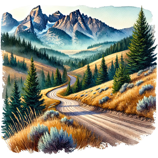 watercolor landscape, mountain scene, winding road, evergreen trees, rocky peaks, blue mountains, golden grass, sage brush, nature scenery, fabric panel, quilting cotton, outdoor adventure, wilderness, pine trees, mountain vista, earthy tones, blues and greens, scenic pathway, alpine landscape, rustic charm
