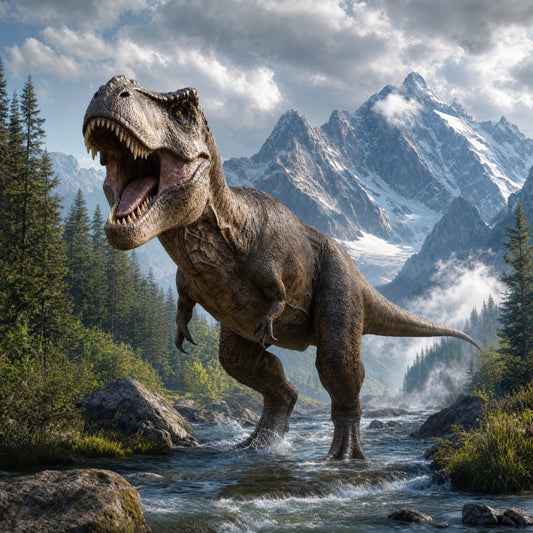 dinosaur, t-rex, prehistoric, mountains, alpine peaks, forest, evergreen trees, river, landscape, nature, adventure, fantasy, realistic, detailed, stone gray, sky blue, forest green, white snow, brown earth tones, action pose, dramatic, roaring, wild, outdoor scene, creature, extinct animal, dino, mountain valley, scenic backdrop