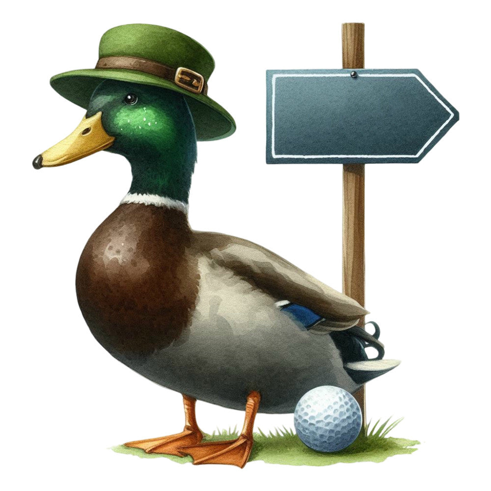 forest green, emerald green, brown, cream, white, orange, gold, blue, whimsical, vintage, lucky, irish, st patrick's day, animal, duck, mallard, golf, sports, humorous, charming, folk art, storybook, children's, playful, nature, directional sign, pond, waterfowl, spring, leprechaun hat
