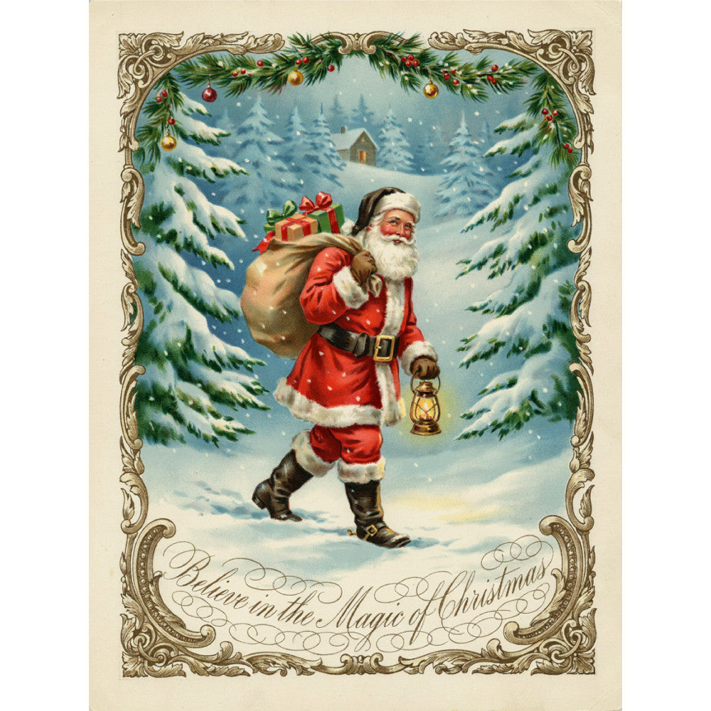 vintage santa, christmas, holiday, snow, winter, evergreen, pine trees, ornaments, gold accents, red, cream, blue, forest green, traditional, nostalgic, victorian, elegant, festive, decorative border, gift giving, lantern, snowy landscape, classic, seasonal, christmas magic, old-world charm, whimsical, timeless