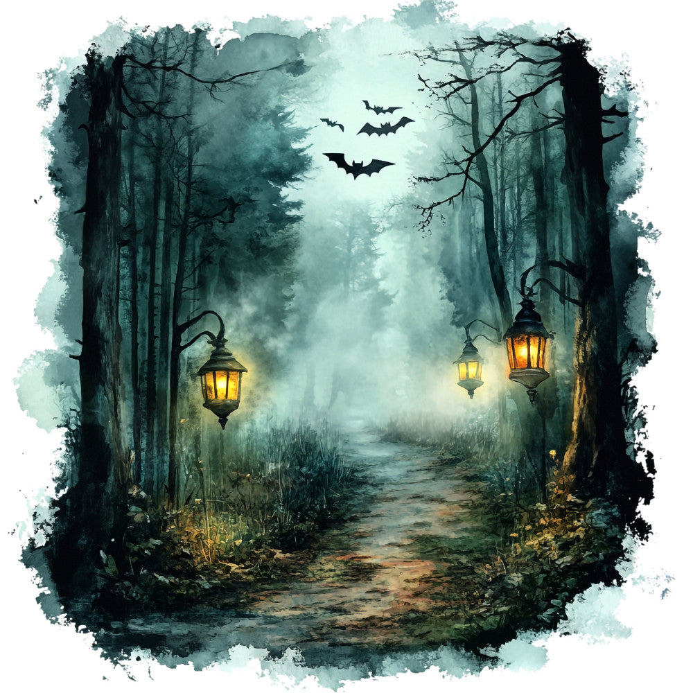 haunted forest, misty woodland, gothic, spooky, halloween, bats, lanterns, dark teal, forest green, muted green, gray-green, golden yellow, moody, atmospheric, mysterious, eerie, dark and dreamy, enchanted forest, autumn, twilight, vintage gothic, whimsical dark, nature, trees, pathway, magical, celestial dark, horror, witchy, all hallows eve