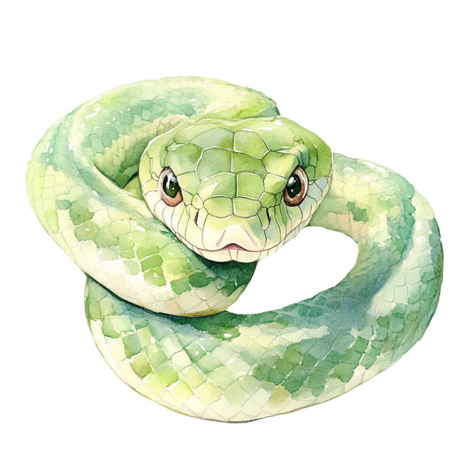 sage green, pale yellow, cream, light green, serpent, snake, reptile, wildlife, nature, animal, realistic, detailed, watercolor, illustration, whimsical, gentle, naturalistic, botanical, exotic, emerald green, soft green, eyes, head portrait, coiled, twisted, summer, spring, wall art, home decor, nature lover