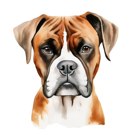 Watercolor Dogs Fabric Panel 36 featuring a detailed, premium quilting cotton print of a brown and white boxer dog face.