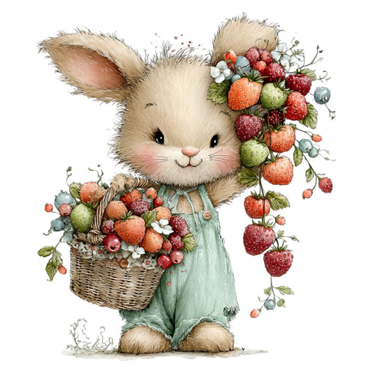 cute bunny, forest green, cream, coral pink, dusty rose, raspberry red, sage green, whimsical, bunny rabbit, strawberries, raspberries, berries, blueberries, woodland animals, nature, spring, summer, baby, children's, sweet, soft, illustrative, storybook, vintage style, farmhouse, pastoral, garden theme, floral accents, white flowers, basket