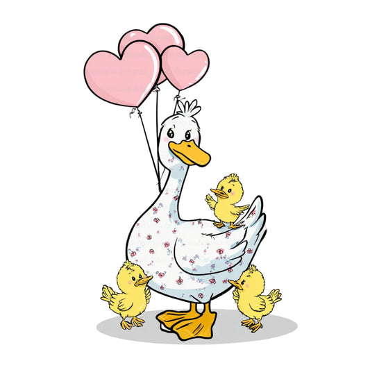 pink hearts, yellow ducks, white, heart balloons, duckling, baby animals, nursery, whimsical, cute, sweet, spring, pastel colors, floral accents, mother duck, animal motifs, bird theme, farmyard, cheerful, gentle, soft colors, baby shower, children's, playful style, light blue, gold yellow, tender, loving, new baby, storybook style, charming
