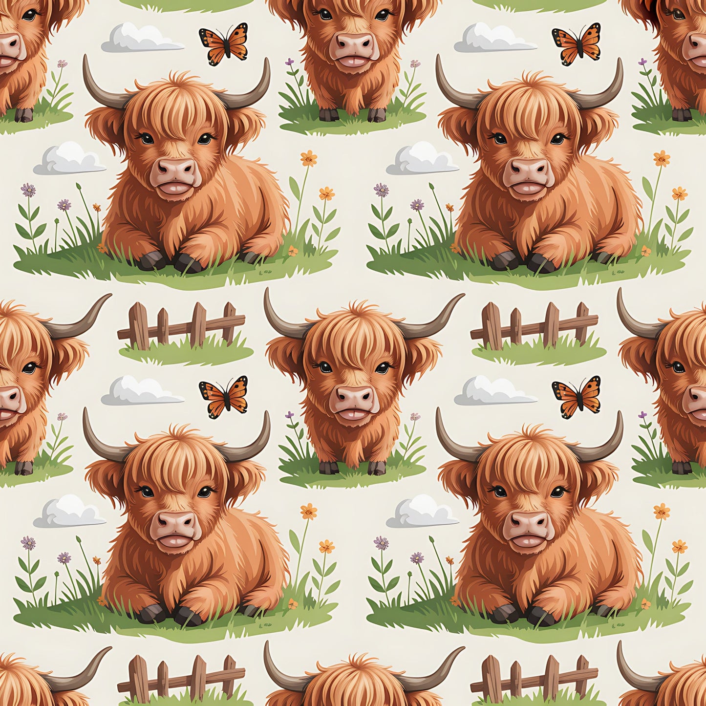 Cartoon Highland Cows Pattern 17 Quilting Cotton Fabric