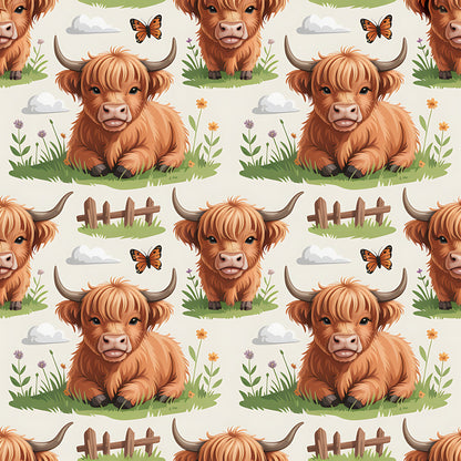 Cartoon Highland Cows Pattern 17 Quilting Cotton Fabric