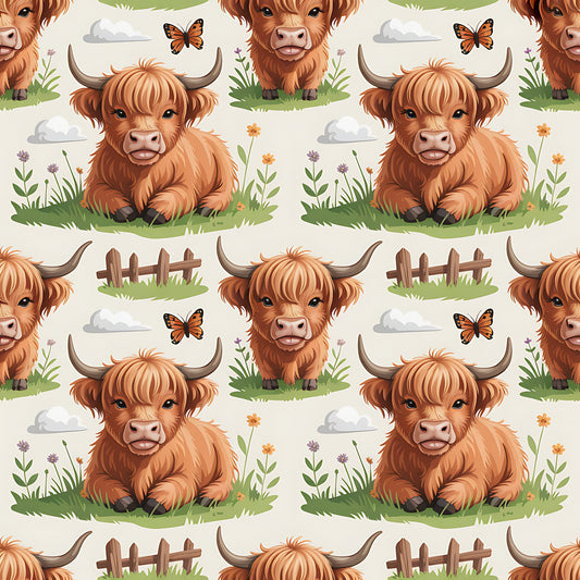 Cartoon Highland Cows Pattern 17 Quilting Cotton Fabric