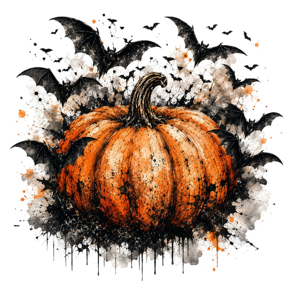 halloween, pumpkin, bats, autumn, fall, orange, black, white, gray, watercolor, splatter, abstract, spooky, gothic, festive, seasonal, whimsical, ink splatter, grunge, modern, contemporary, trick or treat, october, harvest, creepy, artistic, painted effect, dark theme, beige, cream