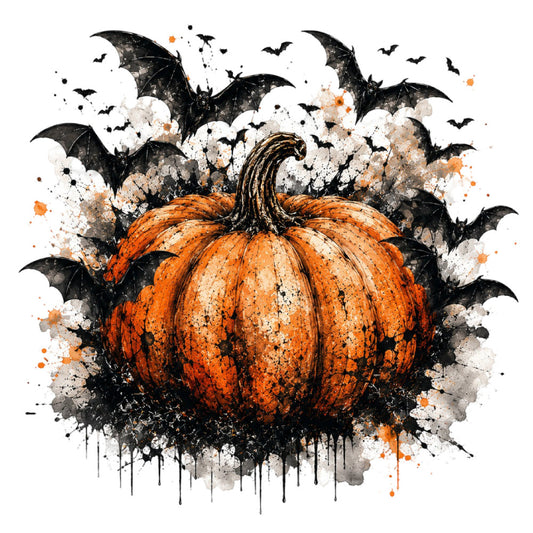 halloween, pumpkin, bats, autumn, fall, orange, black, white, gray, watercolor, splatter, abstract, spooky, gothic, festive, seasonal, whimsical, ink splatter, grunge, modern, contemporary, trick or treat, october, harvest, creepy, artistic, painted effect, dark theme, beige, cream