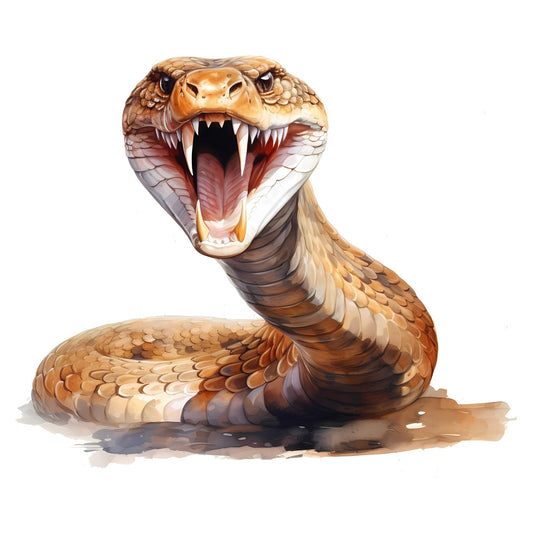 cobra, snake, reptile, animal, wildlife, tan, brown, bronze, gold, cream, beige, terracotta, rust, threatening, aggressive, open mouth, fangs, scales, nature, naturalistic, realistic, detailed illustration, wall hanging, panel art, adventure, exotic, dangerous, wild, striking design, bold imagery