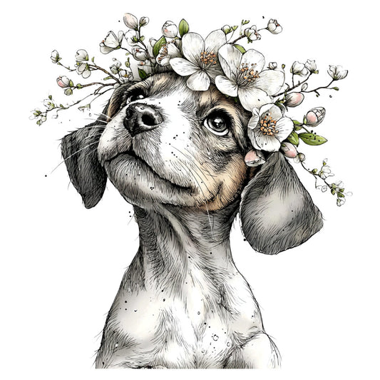 dog, puppy, beagle, floral, flowers, white flowers, botanical, nature, animal portrait, pet, whimsical, charming, black and white, cream, tan, soft colors, spring, summer, pastel, delicate, artistic, sketch style, ink drawing, illustrated, decorative, home decor, wall art, apparel, children's, sweet