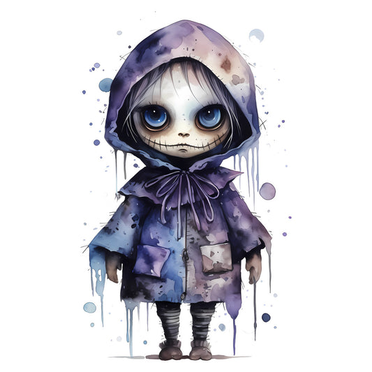 dark purple, lavender, navy blue, pale blue, watercolor, gothic, whimsical, creepy cute, stitched mouth, big eyes, character design, fantasy, dark fantasy, goth aesthetic, spooky, halloween, eerie, doll like, character panel, illustration, artistic, modern gothic, purple gradient, blue gradient, stitched details, haunting, mysterious, celestial inspired, dark aesthetic