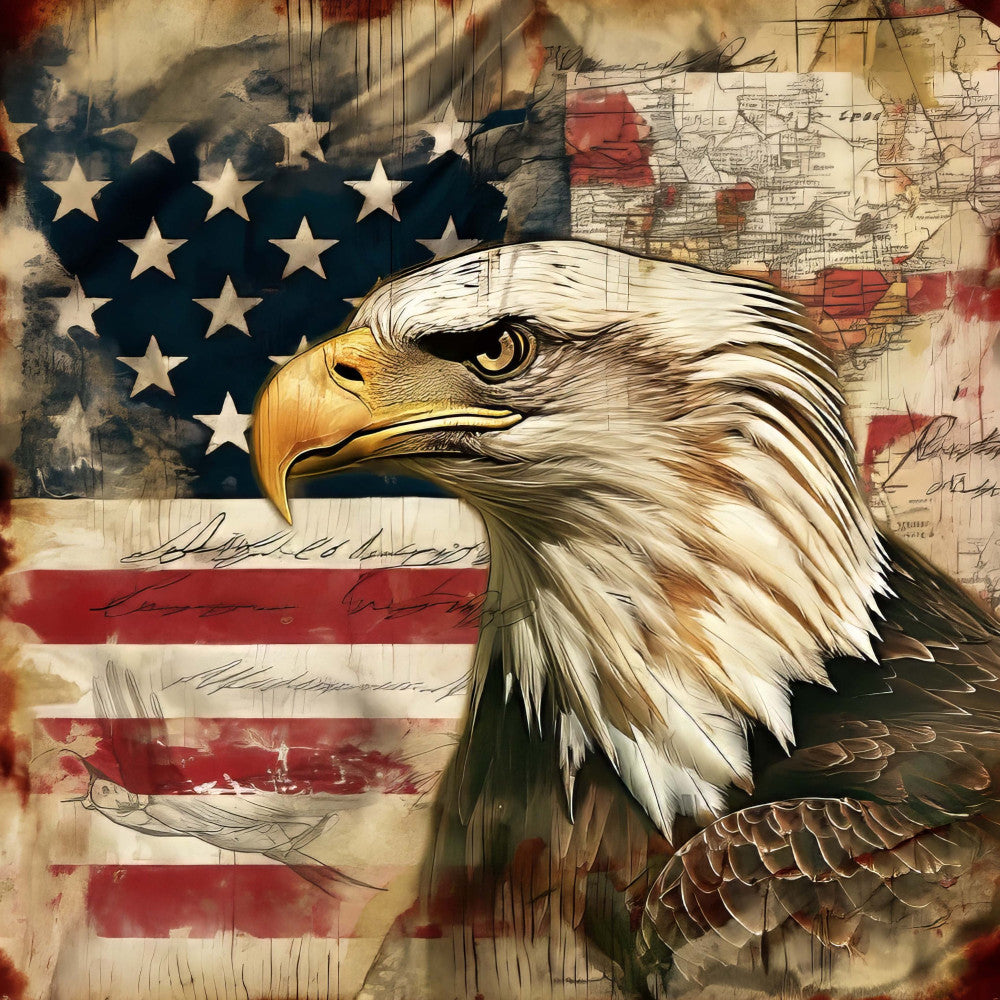american flag, bald eagle, patriotic, stars and stripes, vintage americana, red white and blue, navy blue, cream, gold, brown, eagle portrait, map motif, historical, rustic, distressed, grunge texture, americana theme, national symbols, patriotic decor, wall hanging, home decor, traditional style, heritage, independence day, memorial, honor, freedom theme, mixed media style, sketch elements