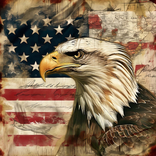 american flag, bald eagle, patriotic, stars and stripes, vintage americana, red white and blue, navy blue, cream, gold, brown, eagle portrait, map motif, historical, rustic, distressed, grunge texture, americana theme, national symbols, patriotic decor, wall hanging, home decor, traditional style, heritage, independence day, memorial, honor, freedom theme, mixed media style, sketch elements