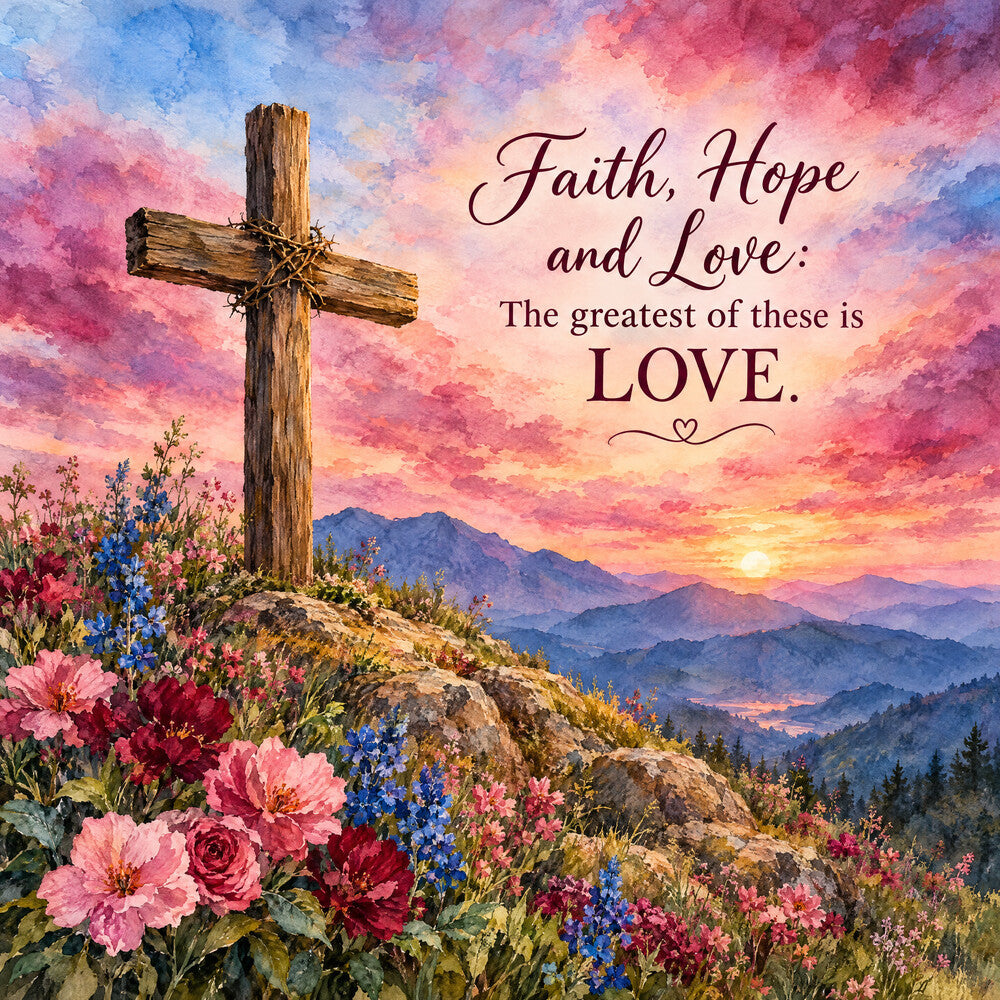 rose pink, coral pink, dusty rose, deep burgundy, navy blue, lavender purple, golden yellow, sunset orange, watercolor, floral, cross, religious, inspirational, faith, hope, love, scripture, spiritual, mountain landscape, wildflowers, peaceful, elegant, traditional, romantic, spring, summer, wall hanging, decorative panel, faith-based, motivational quote