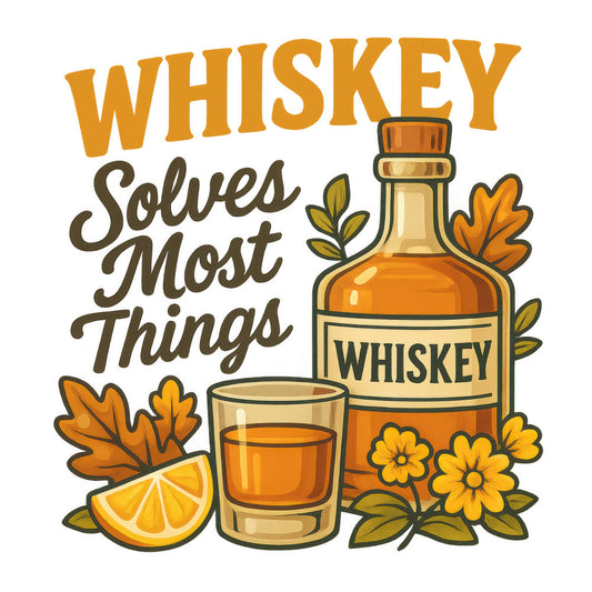 whiskey bottle, amber liquid, orange glass, golden yellow, burnt orange, autumn leaves, oak leaves, lemon slice, yellow flowers, green foliage, fabric panel, quilting cotton, vintage illustration, retro artwork, drinking theme, bar motifs, warm earth tones, botanical elements, citrus garnish, distressed textures
