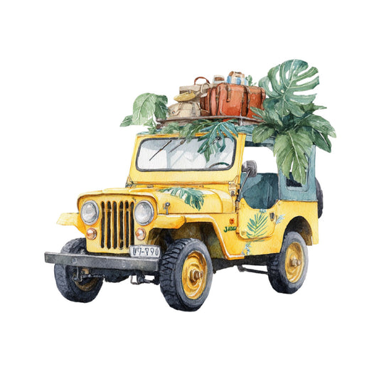 yellow jeep, vintage vehicle, tropical plants, monstera leaves, palm leaves, adventure travel, journey themed, retro car, suitcases, luggage, wanderlust, travel theme, tropical foliage, botanical, vintage yellow, warm yellow, forest green, teal green, cream white, whimsical, adventurous, retro style, mid-century modern, botanical illustration, vehicle motif, nature inspired, summer travel, vacation themed, boho travel