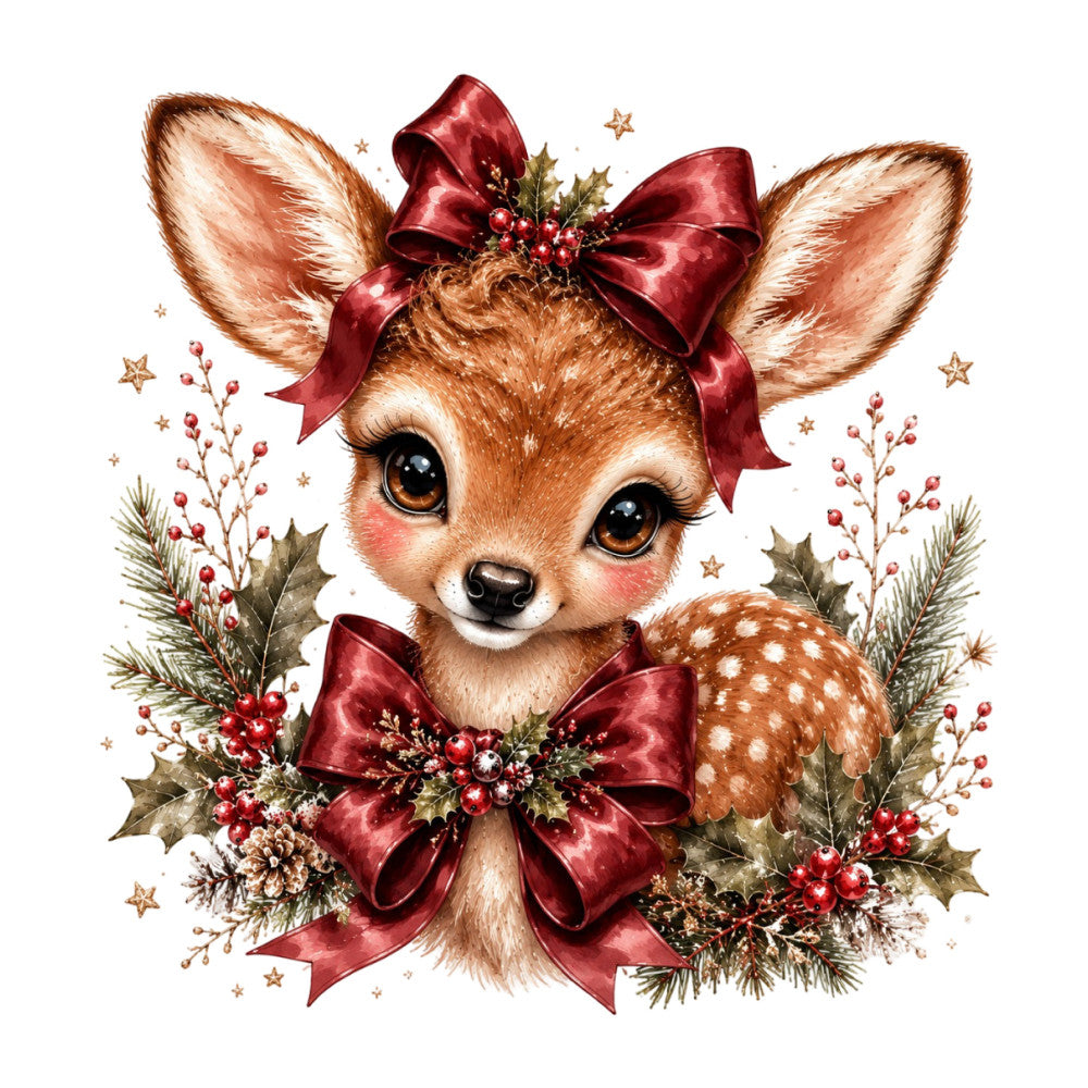 burgundy red, cream white, gold, bronze, deer, fawn, woodland, christmas, holiday, festive, whimsical, elegant, winter, nature, animals, floral, evergreen, holly, berries, red berries, stars, bows, ribbons, cute, sweet, charming, traditional, seasonal, decorative panel, wall art