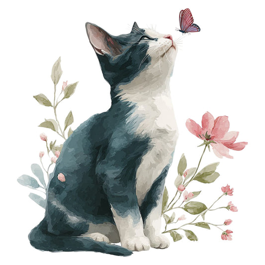 cat, tuxedo cat, black and white cat, dark teal, cream, dusty rose, pink flowers, sage green, botanical, floral, nature, animals, whimsical, elegant, butterfly, cosmos flowers, spring, garden, wildlife, playful, gentle, delicate, watercolor style, cat lover, pet themed, nature inspired, decorative panel, wall hanging, children's fabric