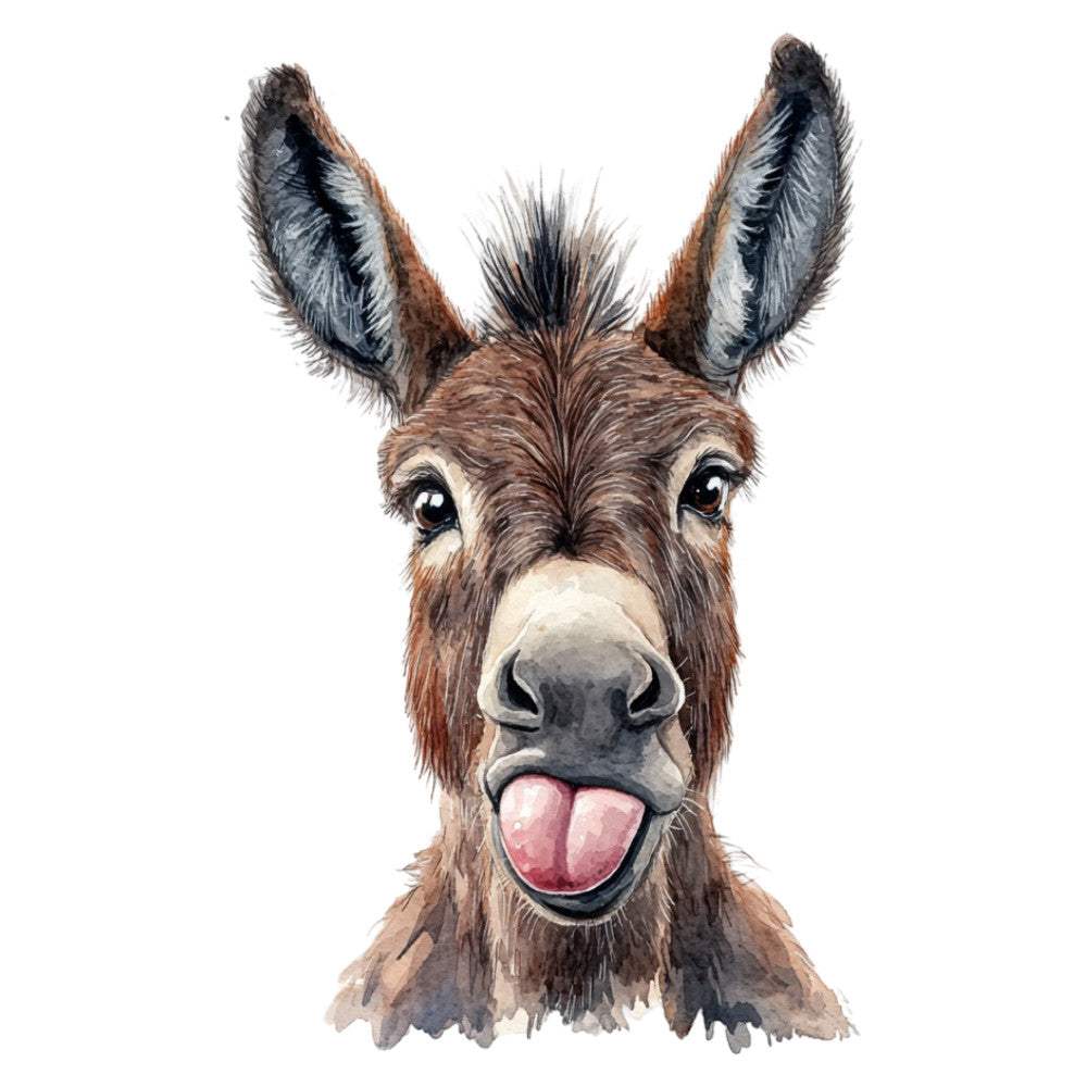 donkey, funny animals, whimsical, tongue out, playful, farm animals, portrait, brown, tan, cream, gray, charcoal, black, cute, humorous, children's, kids, nursery, animal face, farmhouse, rustic, modern farmhouse, illustration, watercolor style, joy, happiness, cheerful, personalized, novelty