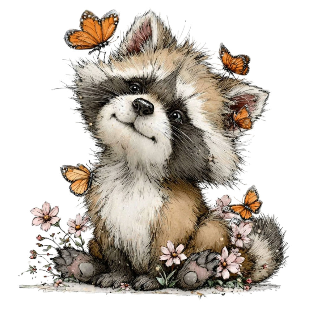 cute raccoon, fluffy animal, monarch butterflies, orange butterflies, pink flowers, nature themed, whimsical design, woodland creatures, forest animals, baby nursery, children's fabric, gentle colors, cream colored, tan and brown, gray accents, spring theme, summer theme, nature illustration, storybook style, soft aesthetic, daydream theme, innocent design, playful pattern, animal friends, butterfly motif, floral accents, pastel palette, hand drawn style, charming design, decorative panel