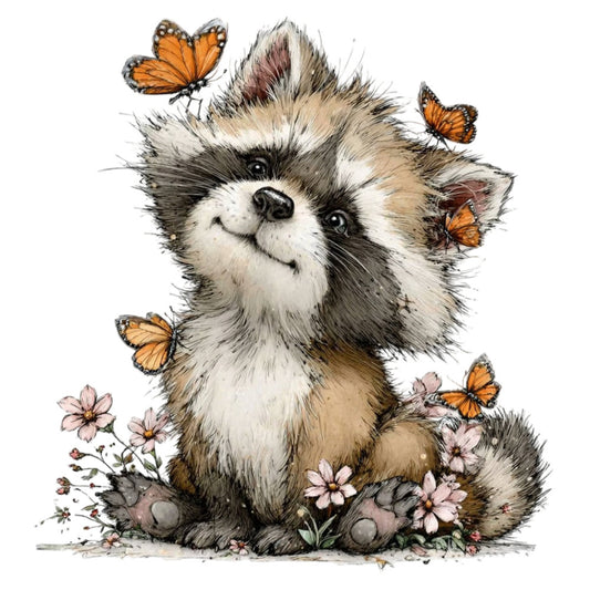 cute raccoon, fluffy animal, monarch butterflies, orange butterflies, pink flowers, nature themed, whimsical design, woodland creatures, forest animals, baby nursery, children's fabric, gentle colors, cream colored, tan and brown, gray accents, spring theme, summer theme, nature illustration, storybook style, soft aesthetic, daydream theme, innocent design, playful pattern, animal friends, butterfly motif, floral accents, pastel palette, hand drawn style, charming design, decorative panel
