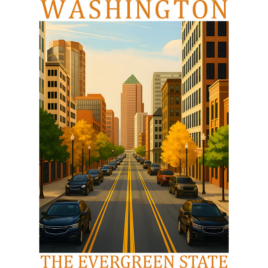 fabric panel, washington state, cityscape, urban street, autumn foliage, orange trees, yellow leaves, green trees, tall buildings, skyscrapers, parked cars, street lamps, blue sky, warm tones, golden hour, perspective view, quilting cotton, city scene, fall season, evergreen state
