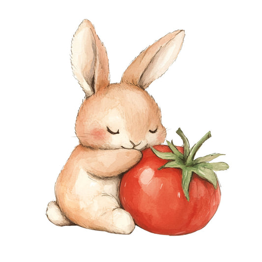 bunny rabbit, tomato, garden vegetables, cream, tan, brown, coral red, bright red, spring, easter, whimsical, sweet, cute, children's, nursery, baby, farmhouse, nature, animals, garden theme, vegetable garden, woodland creatures, soft pastels, gentle, storybook, playful, illustration style, food and animals, harvest