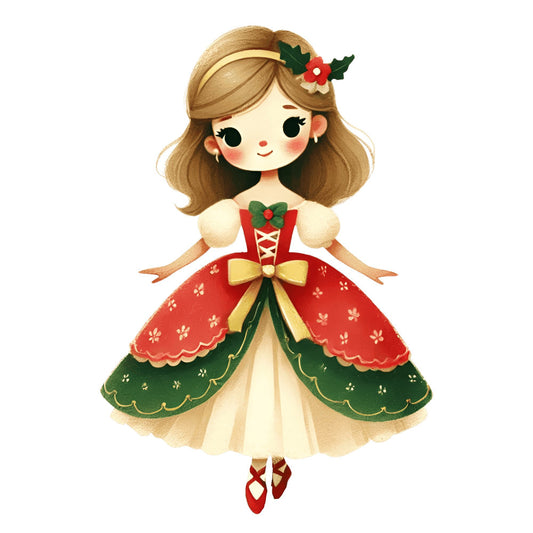 christmas, holiday, festive, red, forest green, cream, gold, girl, character, whimsical, vintage, cute, ballet, ballerina, dancing, holly, poinsettia, bow, elegant, traditional, retro, nutcracker, seasonal, winter, dress, floral, embellished, child, illustrated, storybook