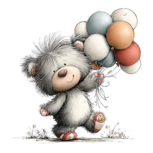 cute bear, teddy bear, whimsical, children's, balloon, soft gray, cream, white, dusty blue, coral pink, rust red, animal illustration, playful, nursery, baby, gentle, sweet, storybook, charming, vintage style, celebration, festive, joy, hugs, friendship, decorative, wall art, stuffed animal, character fabric