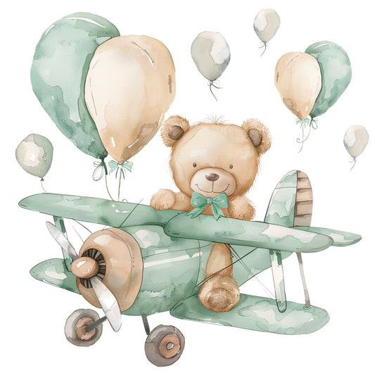 sage green, cream, beige, tan, soft green, pastel colors, teddy bear, airplane, balloons, whimsical, cute, nursery, baby shower, children's, vintage style, watercolor, soft pastels, animals, transportation, adventure theme, plane illustration, hot air balloons, bow tie, fluffy bear, baby quilt, nursery decor, gender neutral, sweet design, gentle, storybook style