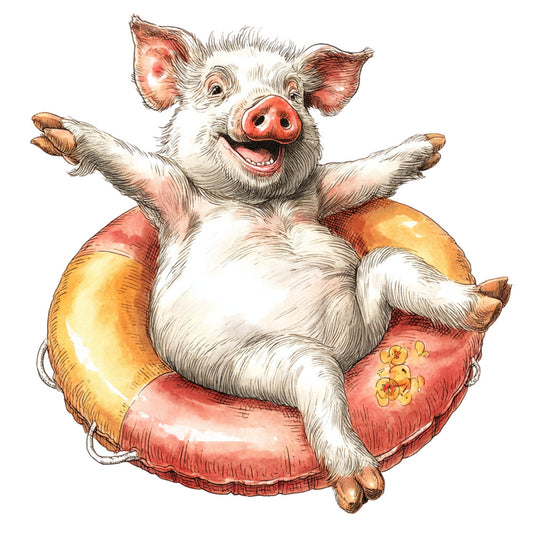 happy pig, cheerful pig, whimsical pig, playful animal, farm animal, pig illustration, relaxing pig, inflatable float, pool float, summer theme, vacation theme, cream white, coral pink, golden yellow, rust red, animal motif, cute character, farmhouse style, country style, children's design, kids fabric, novelty print, humorous design, light-hearted, fun animals, pig character, leisure theme, relaxation theme, warm colors