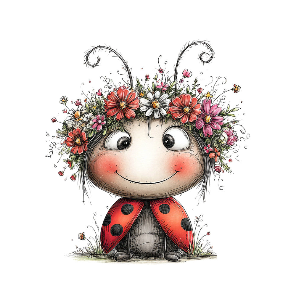 whimsical, ladybug, flowers, floral, coral pink, red, white, cream, yellow, green, nature, insects, bees, cute, children, kids, spring, summer, garden, flora, daisy, cosmos, cheerful, playful, charming, sweet, delicate, botanical, pastoral, decorative