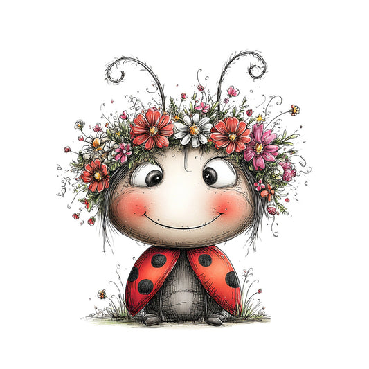 whimsical, ladybug, flowers, floral, coral pink, red, white, cream, yellow, green, nature, insects, bees, cute, children, kids, spring, summer, garden, flora, daisy, cosmos, cheerful, playful, charming, sweet, delicate, botanical, pastoral, decorative