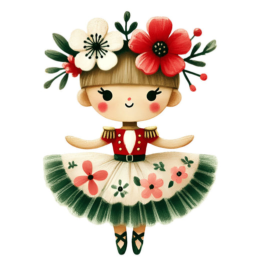 whimsical, floral, girl, flowers, cream, red, coral pink, forest green, vintage, spring, fairy tale, tutu, ballet, nature, leaves, buds, cute, folk art, embellished, decorative, botanical, children's, storybook, nursery, magical, cheerful, traditional, elegant, doll, character panel